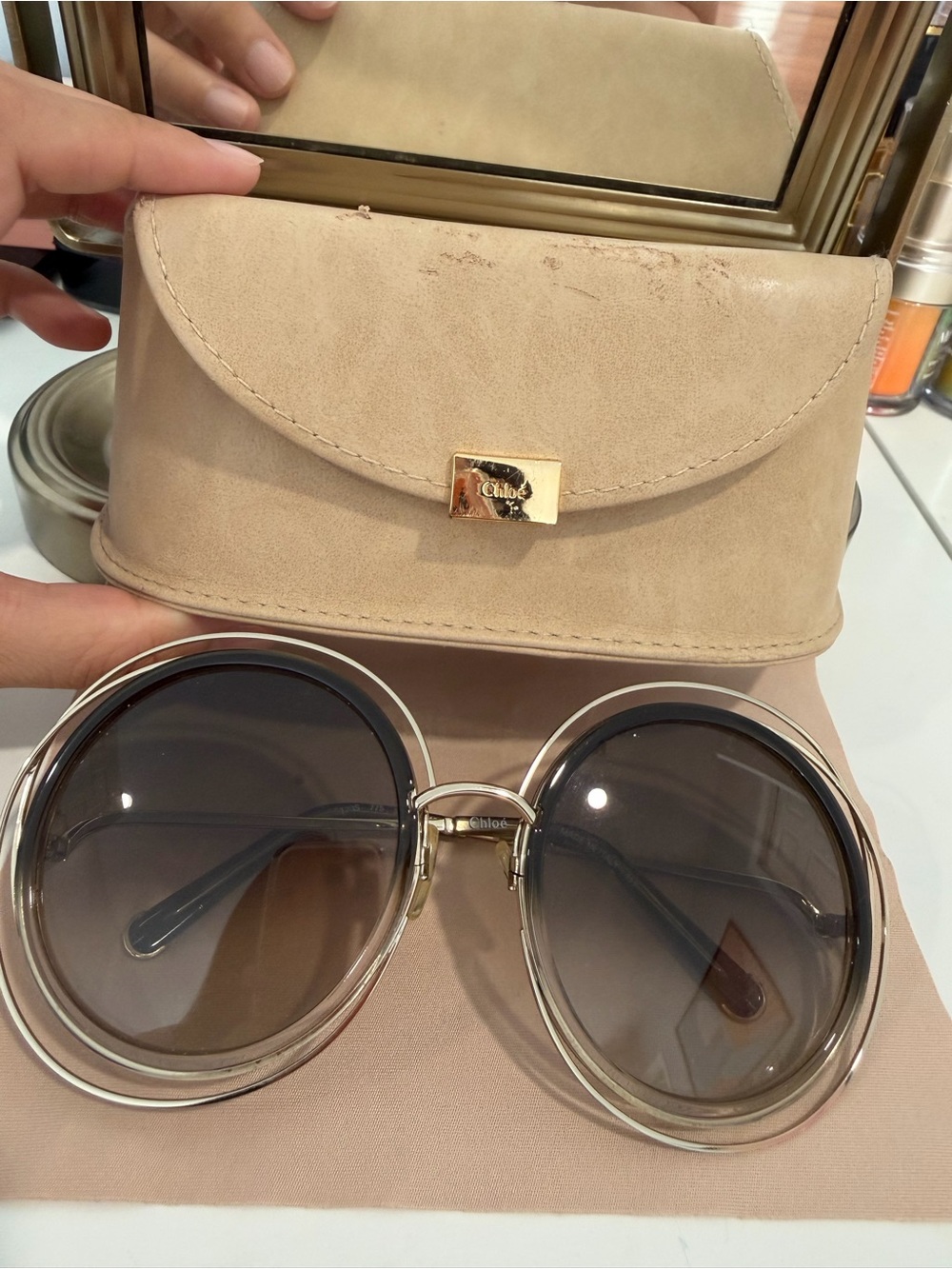 Chloe Beige Round Oversized Sunglasses with Gold Accents